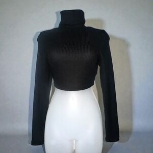 New Small Ribbed Turtleneck Cropped Sweater Long Sleeve Knit Top Black Basic